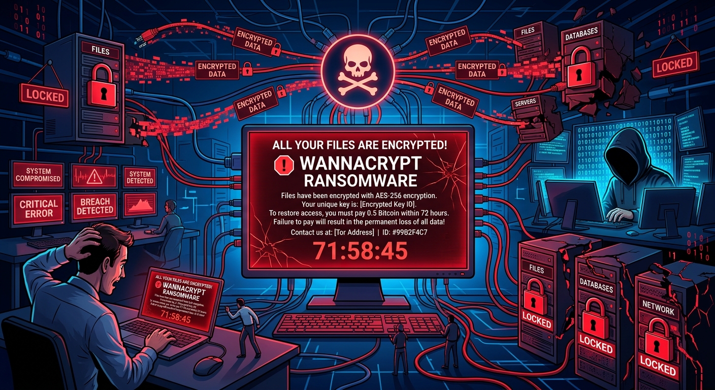 Tela de computador bloqueada por ataque de ransomware
